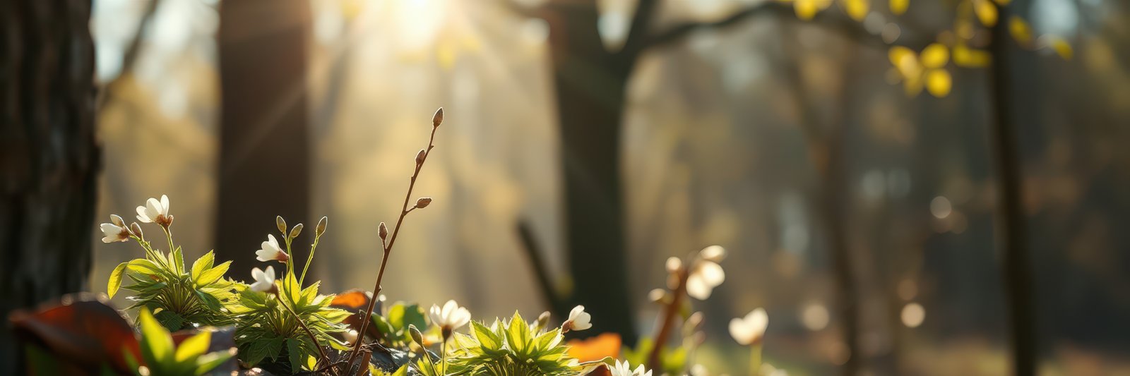 Sunlight filters through trees illuminating wildflowers in a serene forest during early morning hours